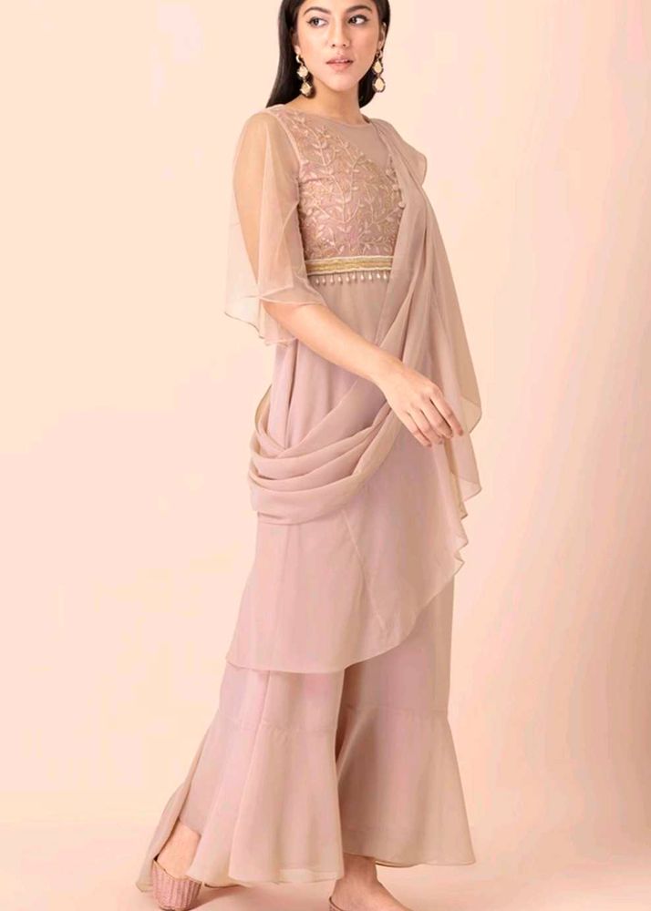 Indya Embroidered Pre Draped Mauve Saree