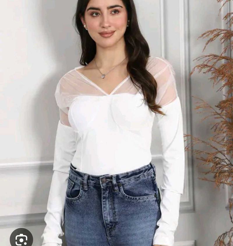 Chic White Sheer Sleeve bodysuit top