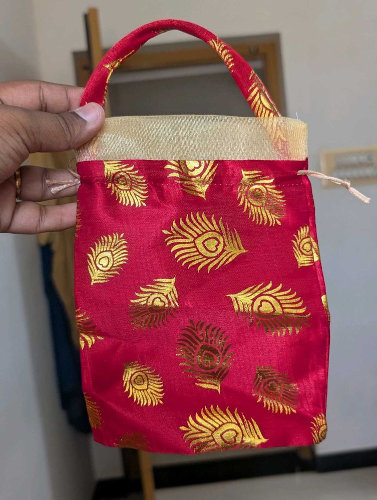 Red Peacock Print Drawstring Pouch