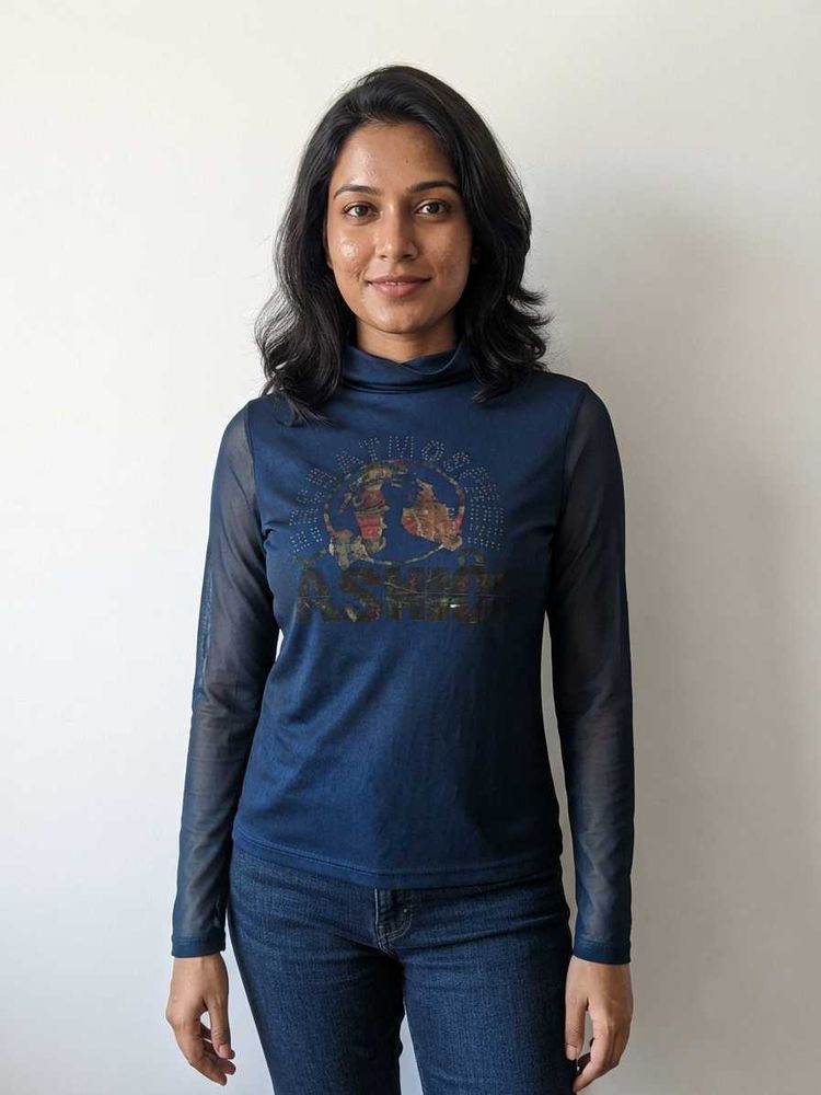 Blue Mesh Sleeve Turtleneck Top