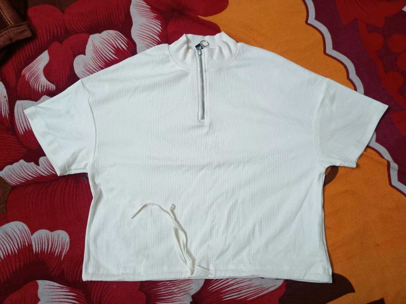 White Ribbed Zip-Up Crop Top