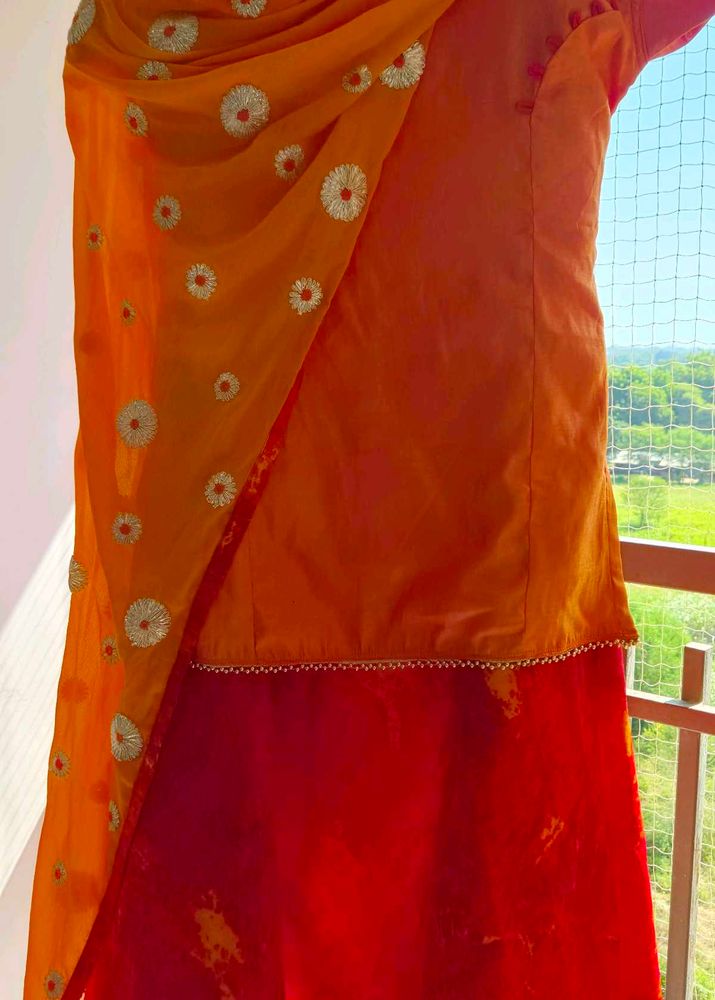 Orange &amp; Red Embroidered Lehenga Set