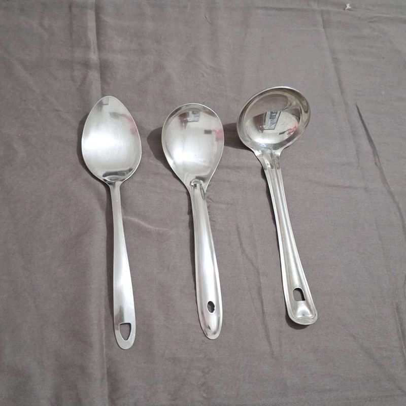 Set of 3 Stainless Steel Spoons &amp; Ladle