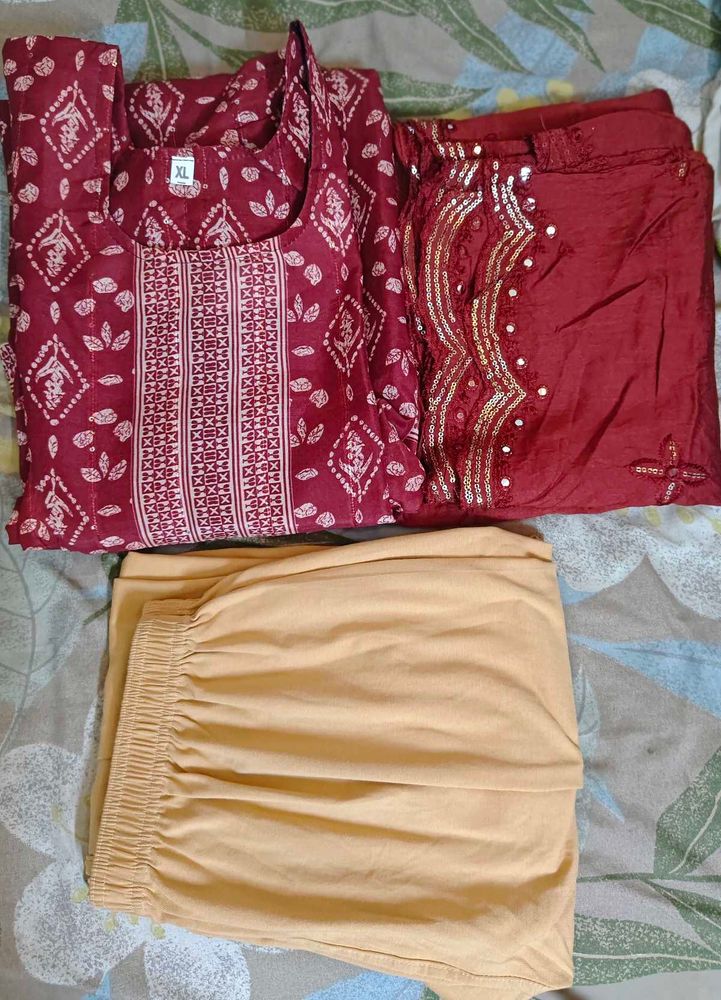 Maroon Printed Kurta Set With Tiki Work