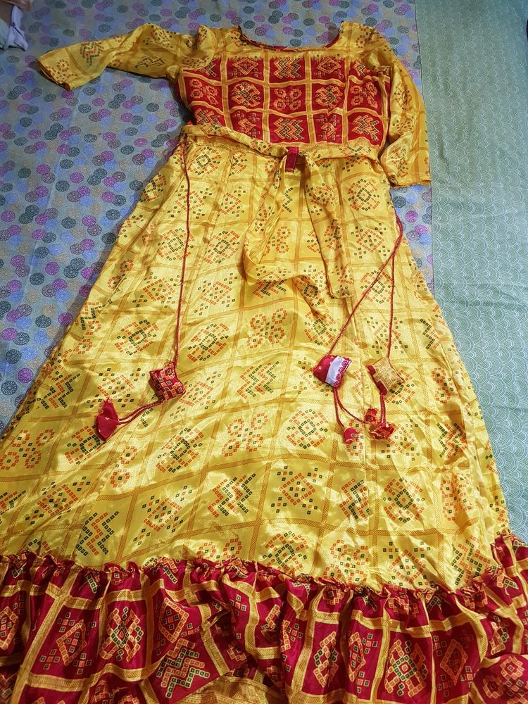 Long  Yellow And Red Gown With Tussel
