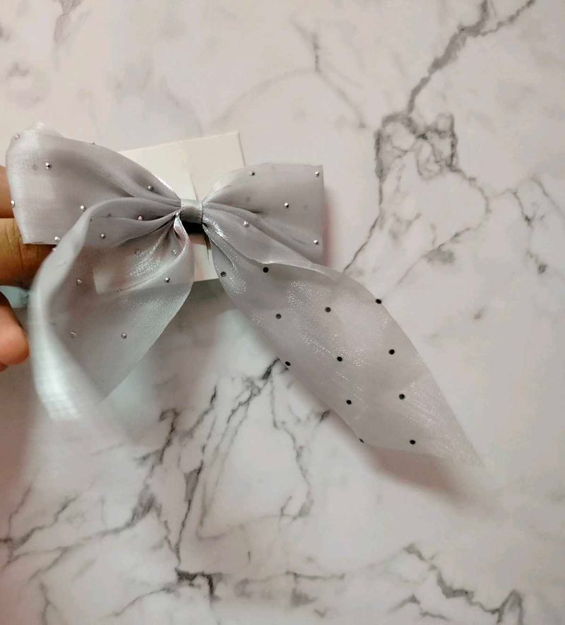 Silver Polka Dot Bow Hair Tie