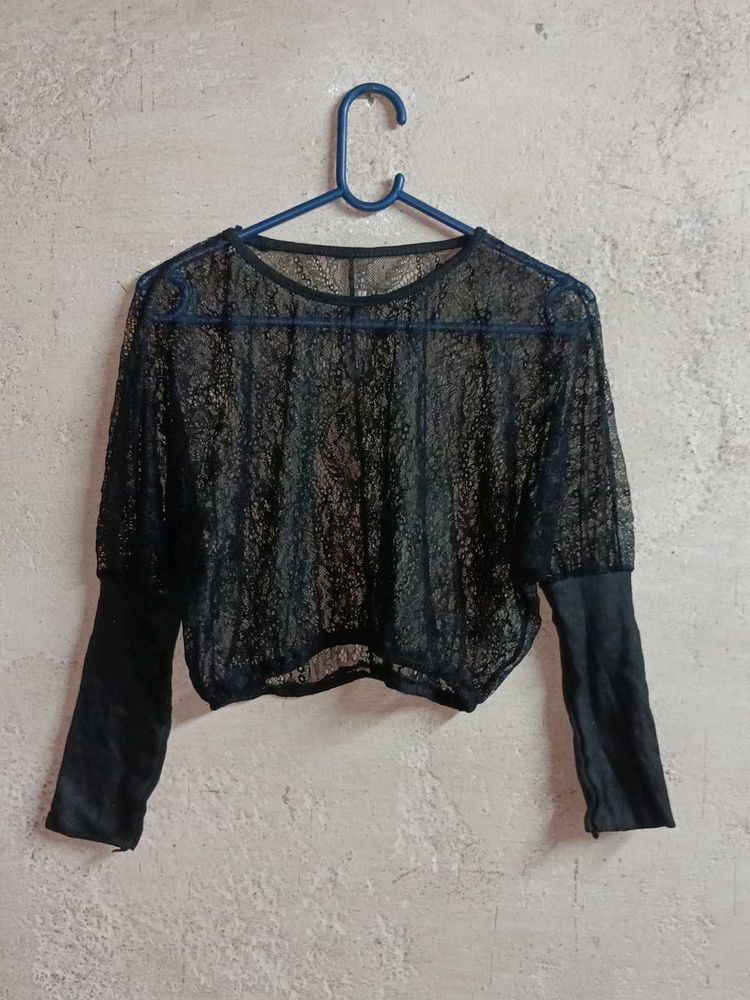 Sheer Lace Top Cropped Black 🖤