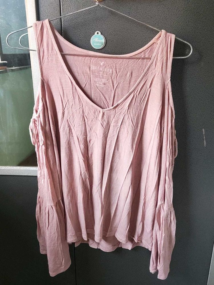 Pink Cold Shoulder Bell Sleeve Top