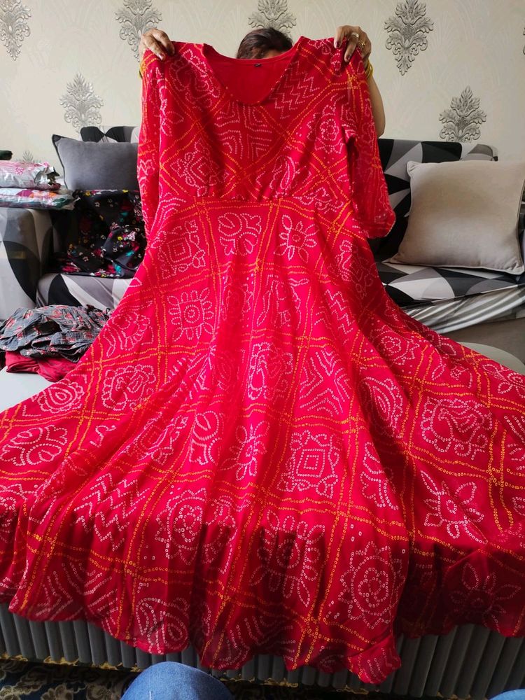 Tomato Colour Long Flair Gown