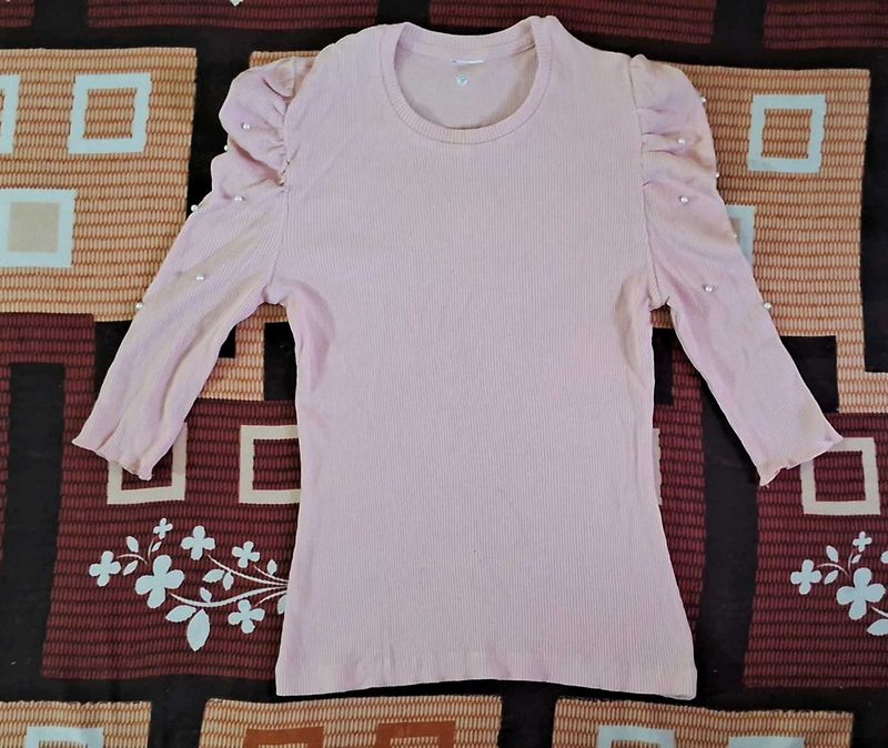 Pink Long Sleeve Top with Pearl Details