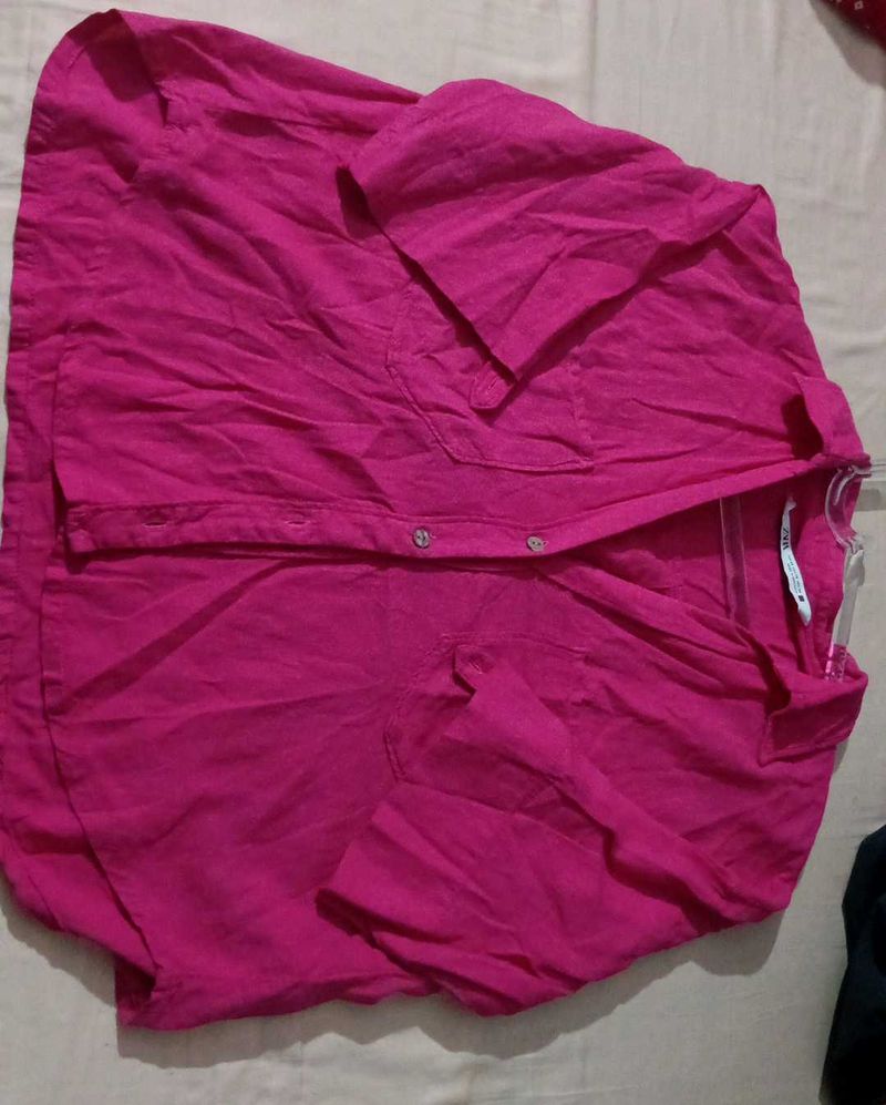 ZARA Bright Pink Button-Up Tunic Top