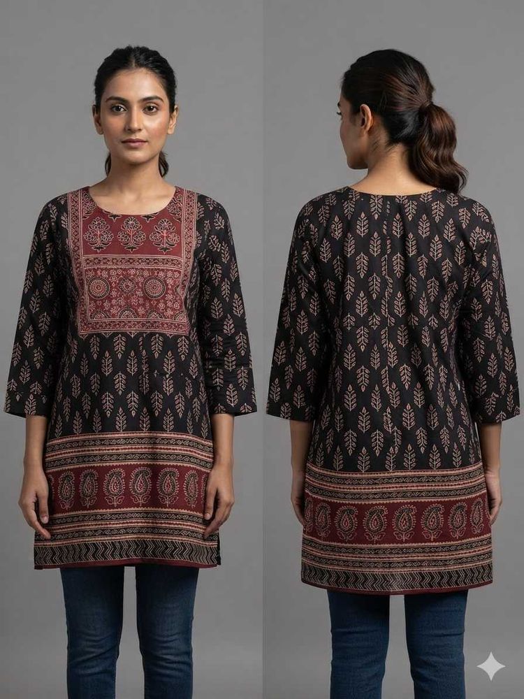 Women's Black Maroon Ajrakh Block Printed Cotton K