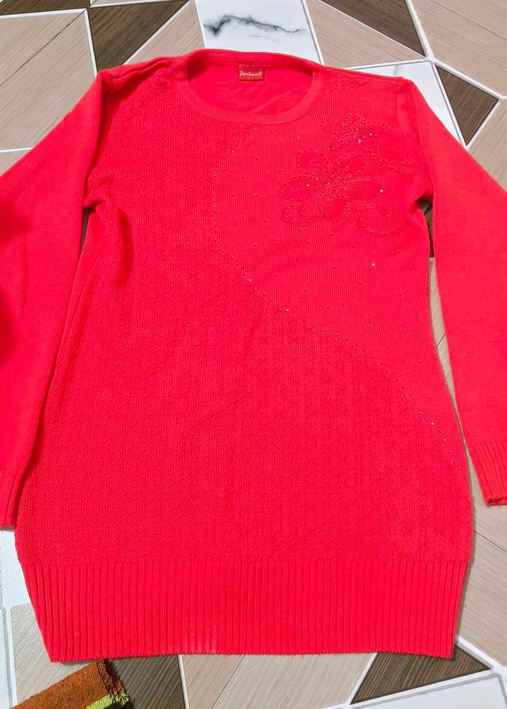Vibrant Red Knit Sweater with Sparkle Detail