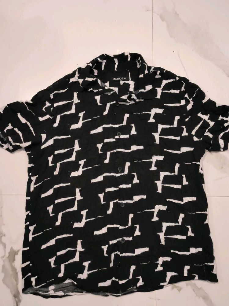 Abstract Print Short Sleeve Black Casual Shirt