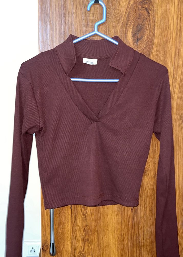 Burgundy Crop Top - Long Sleeve
