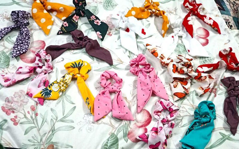 Lot of small 10 Fabric Hair Scrunchies with Bows