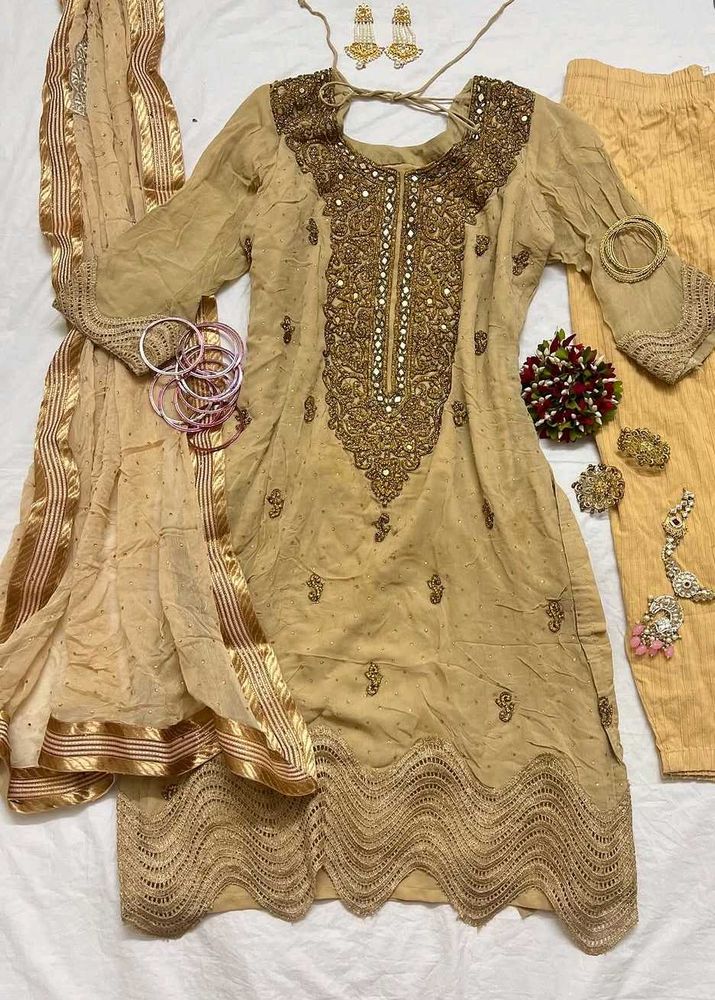 Embellished Beige Kurta Set with Dupatta