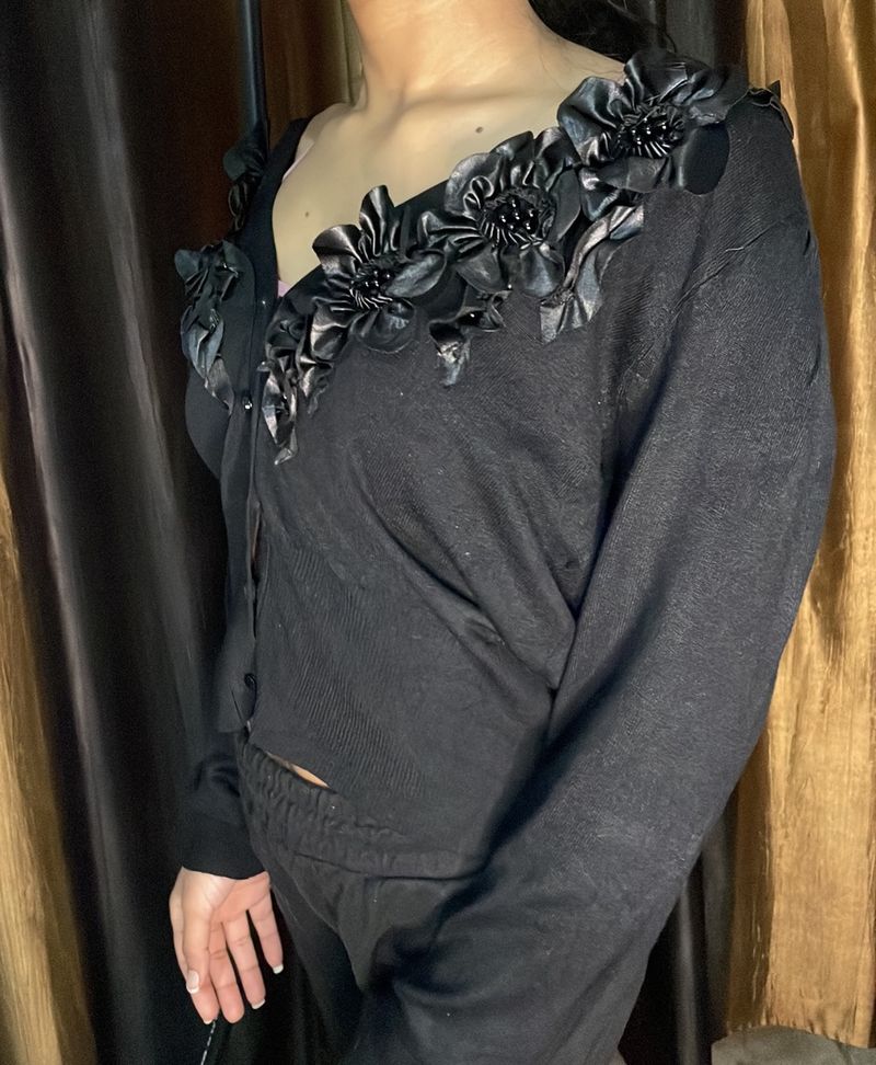 Floral Embellished Black Cardigan