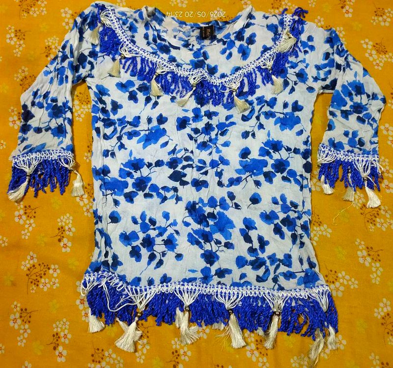 Blue Floral Print Tasselled Kurta