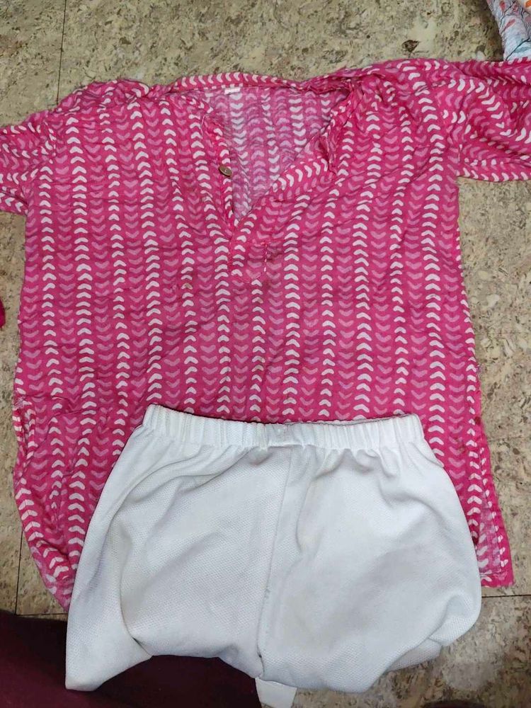 Pink Printed Kurta with White Pants