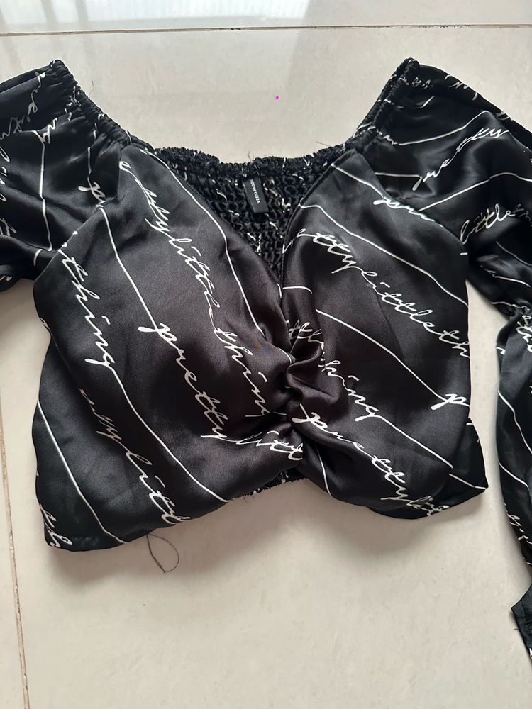 Black Satin Script Print Crop Top