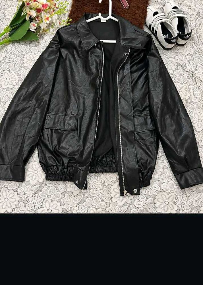 Black Faux Leather Bomber Jacket
