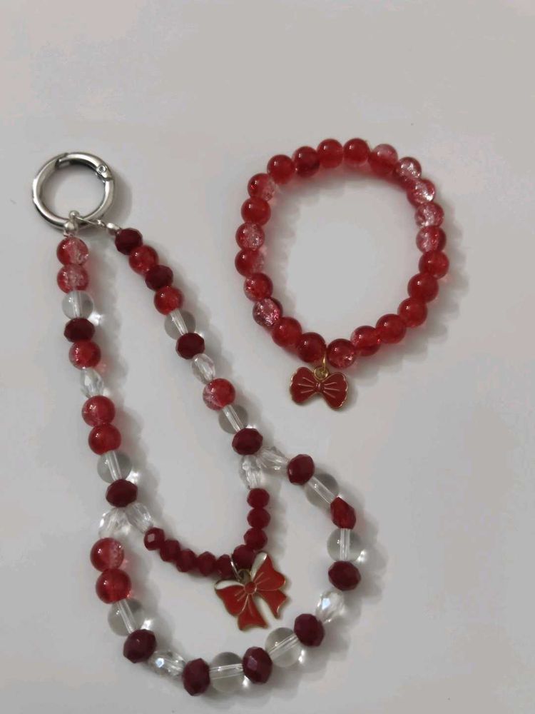 Red Bead Bracelet &amp; Keychain Set