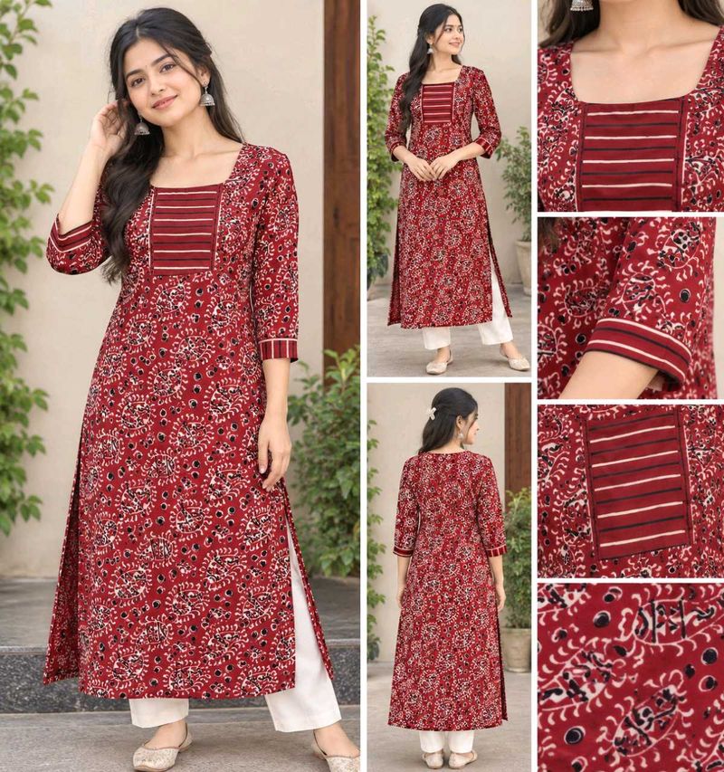 Maroon Printed Cotton Kurta
