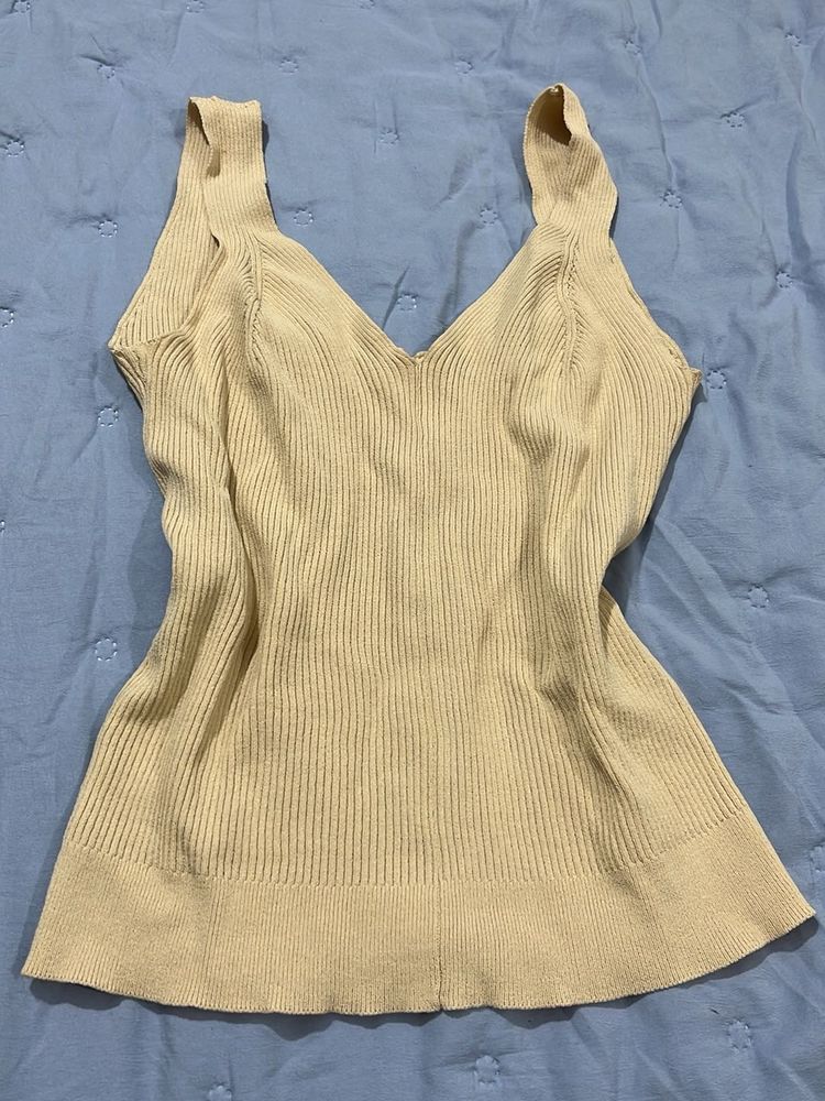 Cream Ribbed V-Neck Tank Top