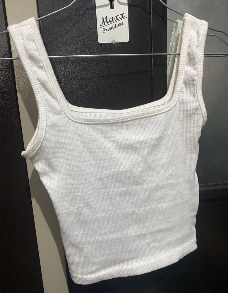 White Ribbed Square Neck Tank Top