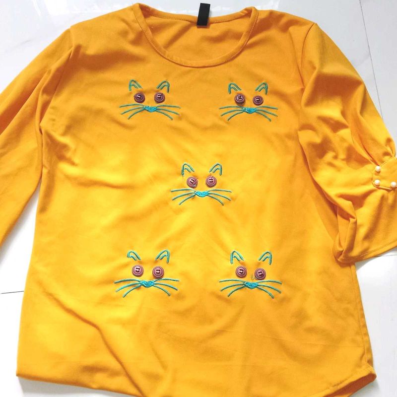 Cute Cat Embellished Yellow Top
