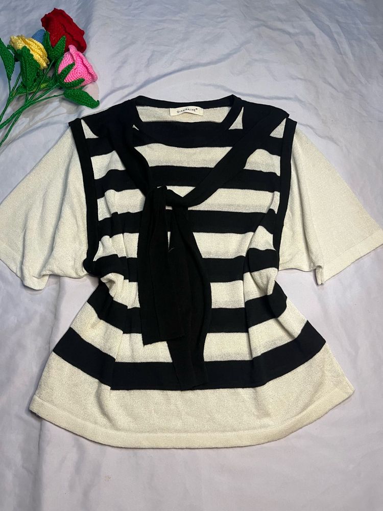 Striped Knit Top with Tie Detail