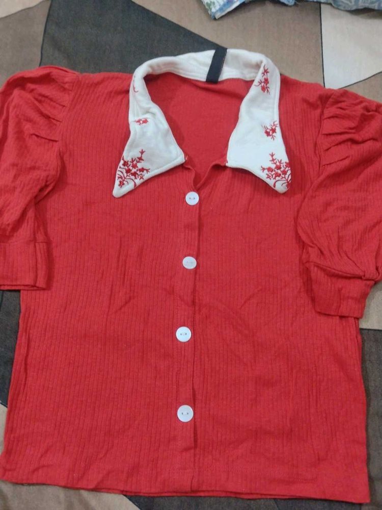 Red Button-Up Blouse with Embroidered Collar