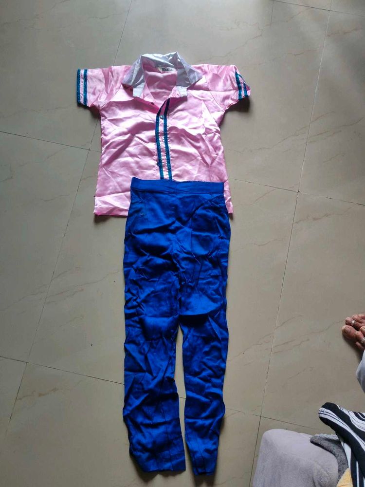 Pink Silk Shirt and Blue Pants Set