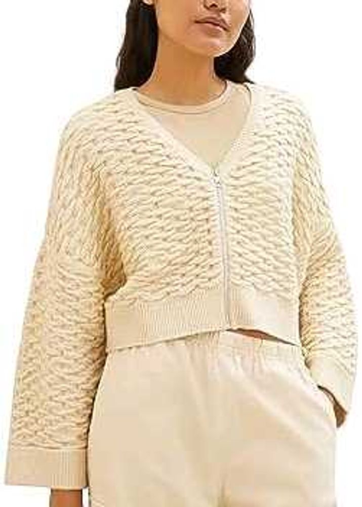 Cream Textured Zip-Up Knit cardigan
