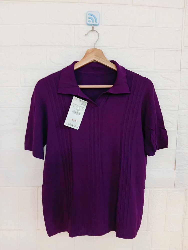 Elegant Purple Collared Short Sleeve Knit Top
