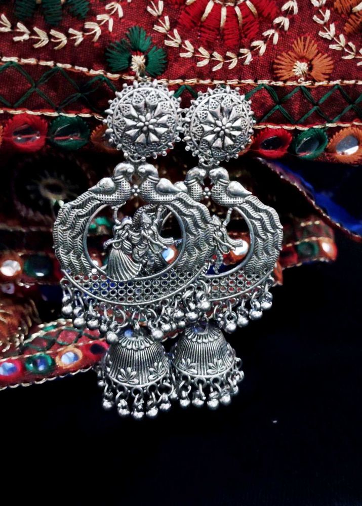 Oxidized Silver peacock Jhumka Earrings