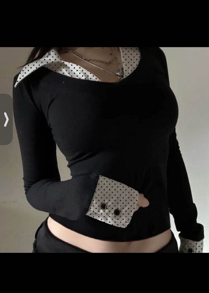 Chic Polka Dot Detail Long Sleeve Top