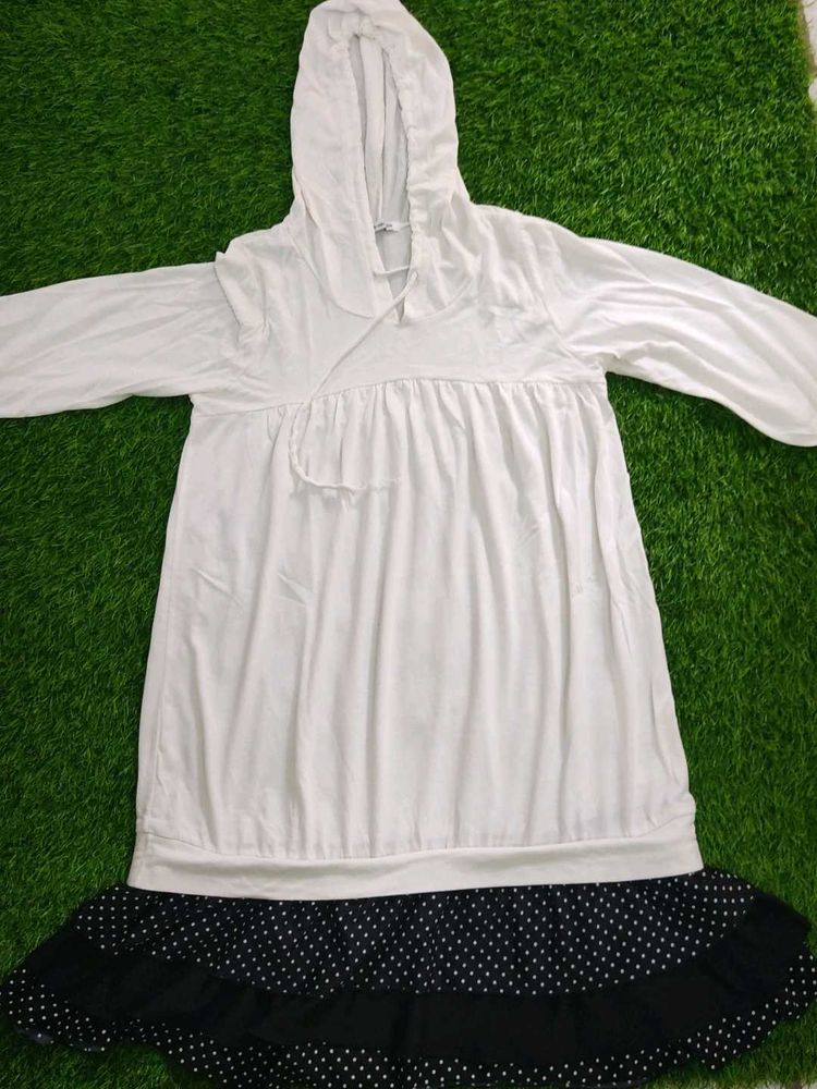White Hooded Dress with Polka Dot Skirt