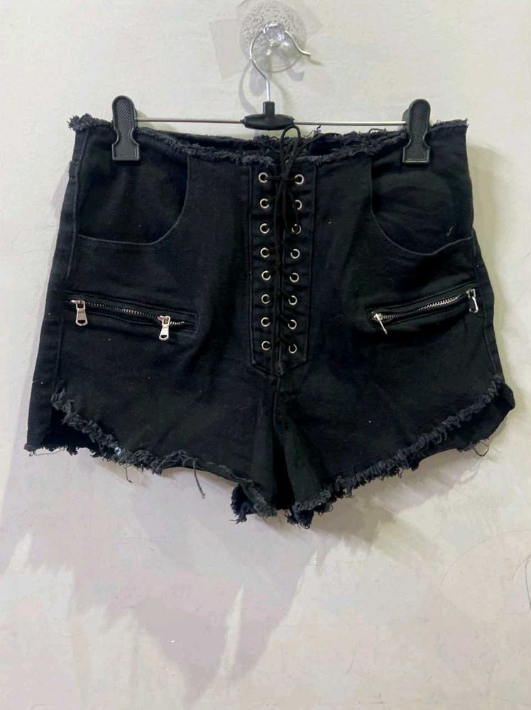 Black Lace-Up Denim Shorts