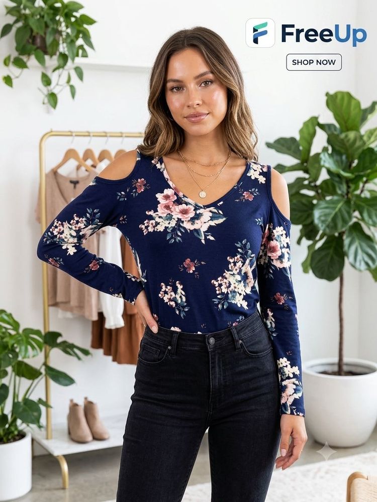 Cold-Shoulder Floral Print Top – Navy Blue