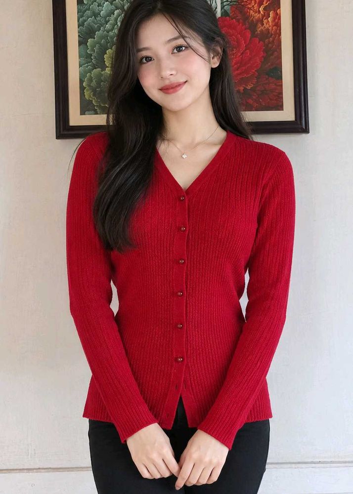 Chic Red Ribbed Knit Cardigan