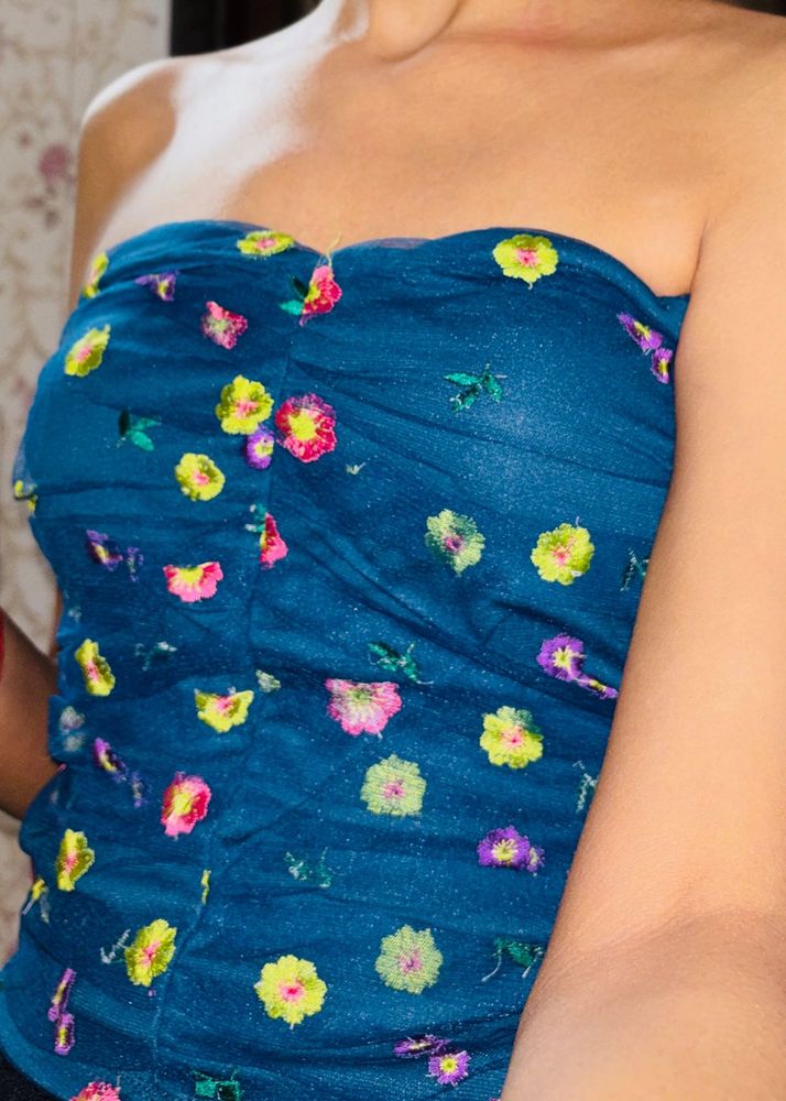 Teal Blue Floral Embroidered Ruched Tube Top