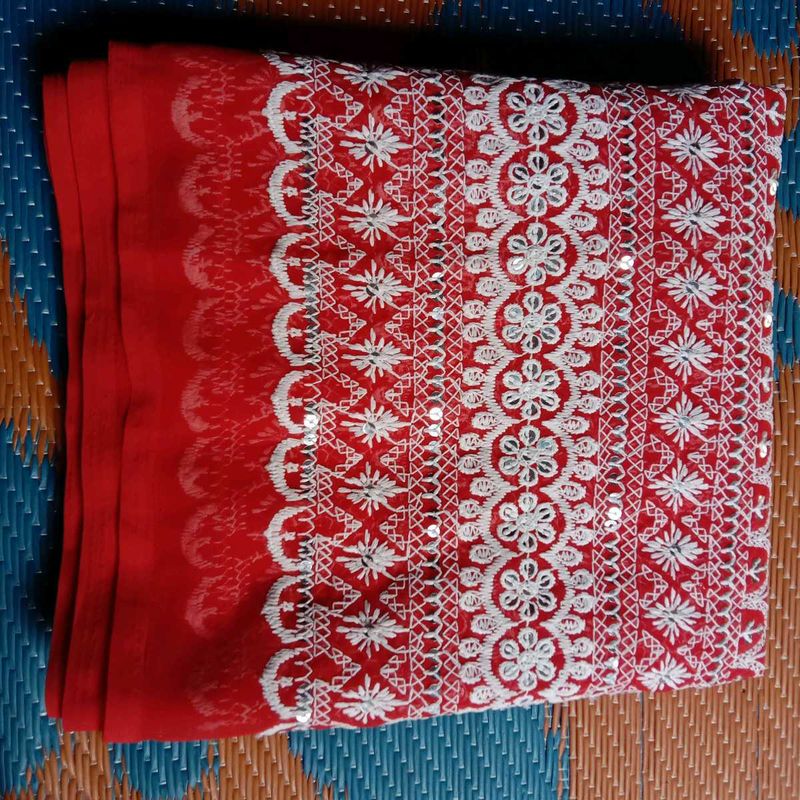 Reddish-orange Lucknowi Chikankari  Fabri