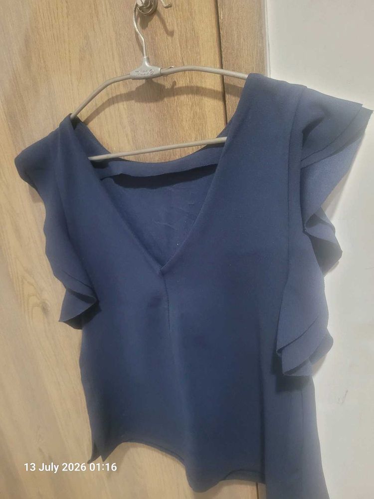 Navy Blue Flutter Sleeve Top