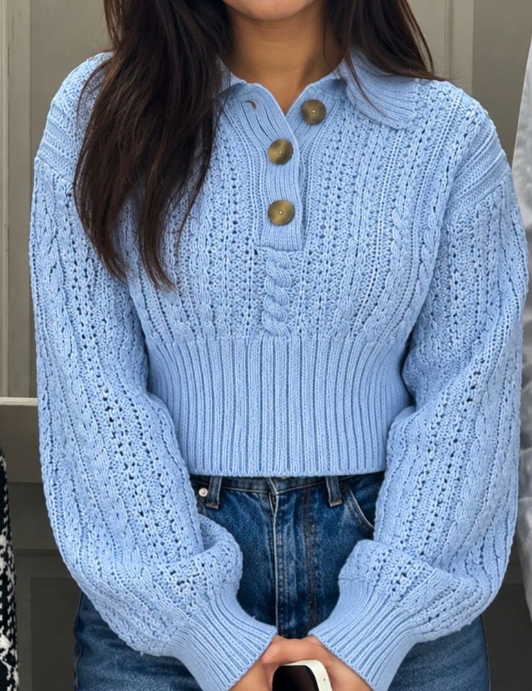ZARA Cable Knit Cropped Sweater – Baby Blue | Size