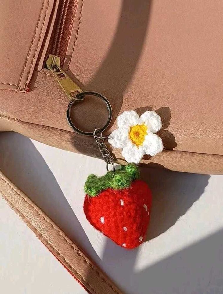 Crocheted Strawberry &amp; Flower Keychain