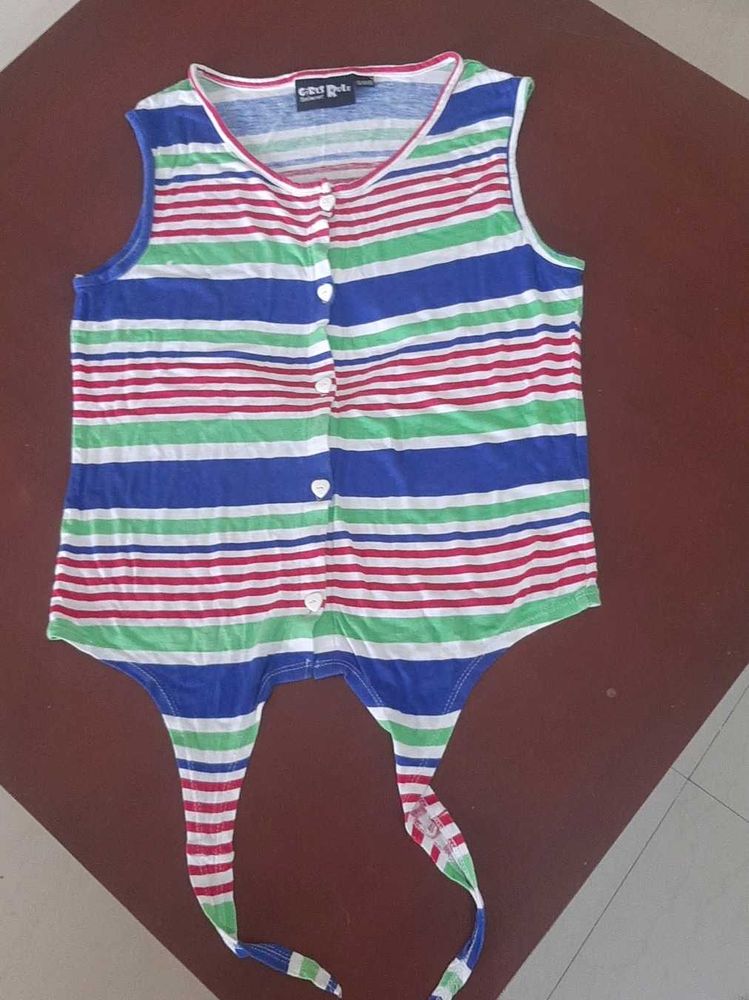 Striped Sleeveless Button-Up Tie-Front Top