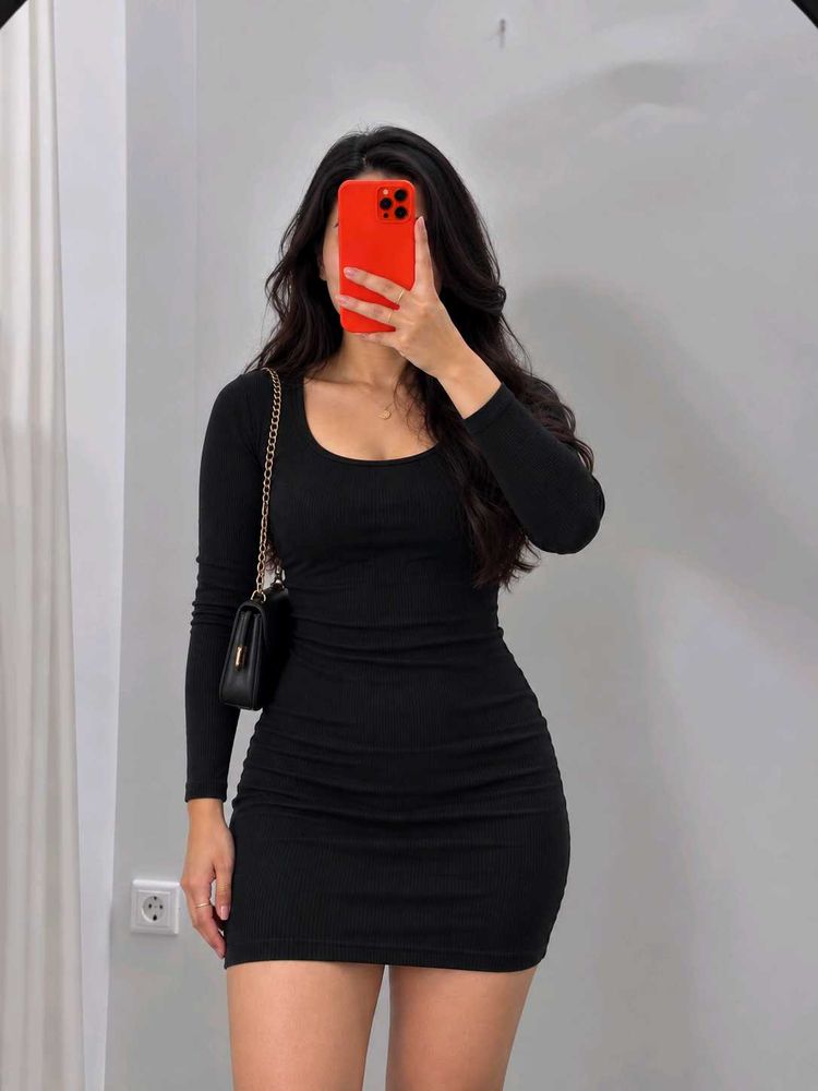Black Ribbed Knit Mini Bodycon Dress