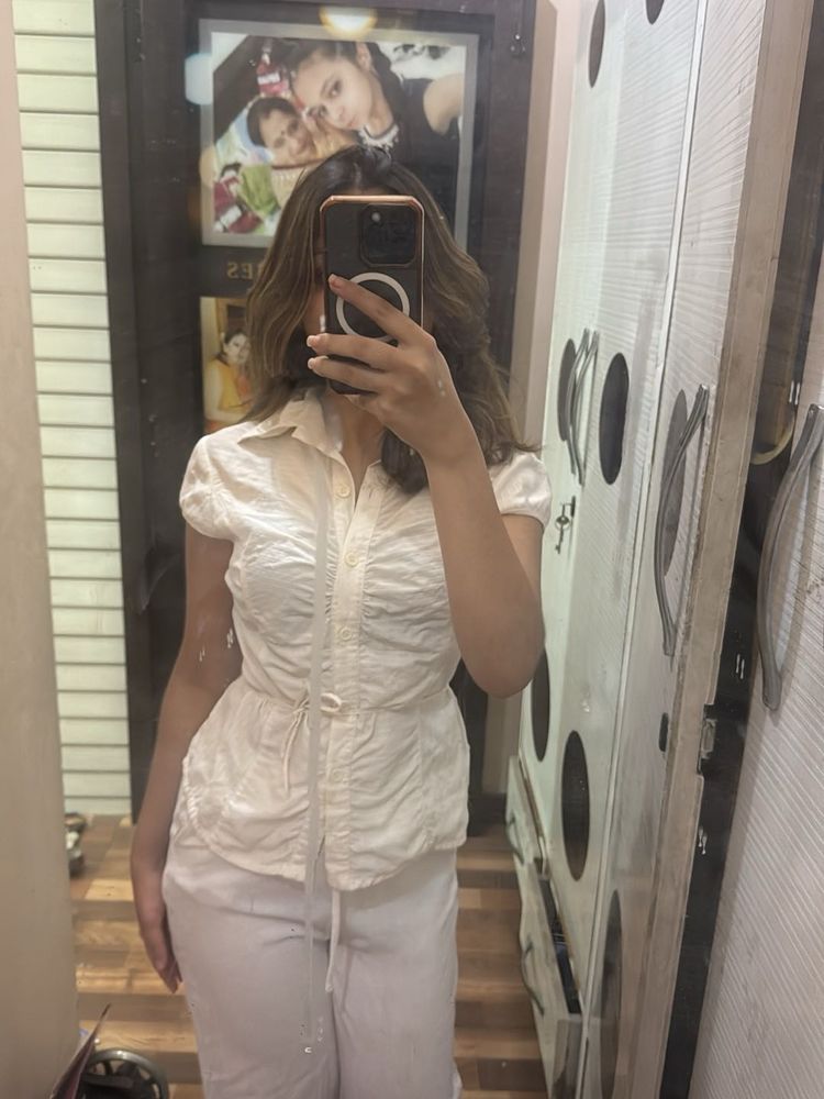 Chic White Ruched Button-Up Top